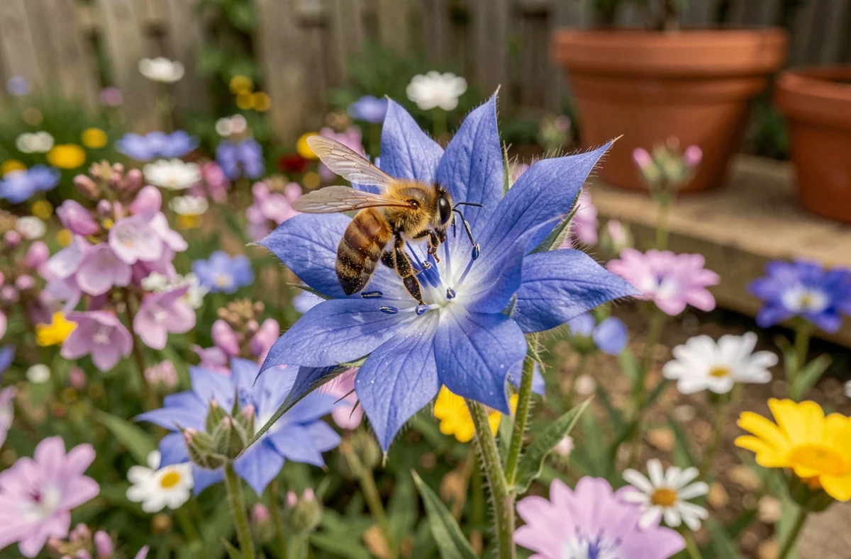 Abeille butineuse sur une fleur de bourrache bleue dans un jardin mellifère