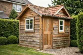 Petit abri de jardin en bois de 7m2 dans un jardin pavillonnaire avec chemin de gravier et haies taillées