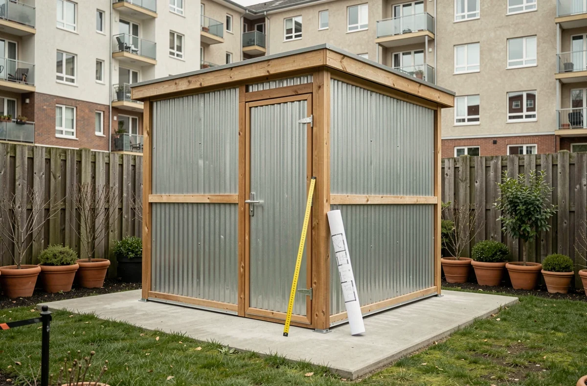 Abri de jardin préfabriqué de 7m2 sur dalle béton en milieu urbain avec plan architectural et mètre ruban