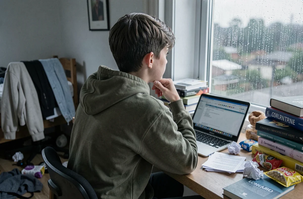 Adolescent assis à un bureau encombré regardant par la fenêtre sous la pluie, incapable de se motiver à ranger sa chambre