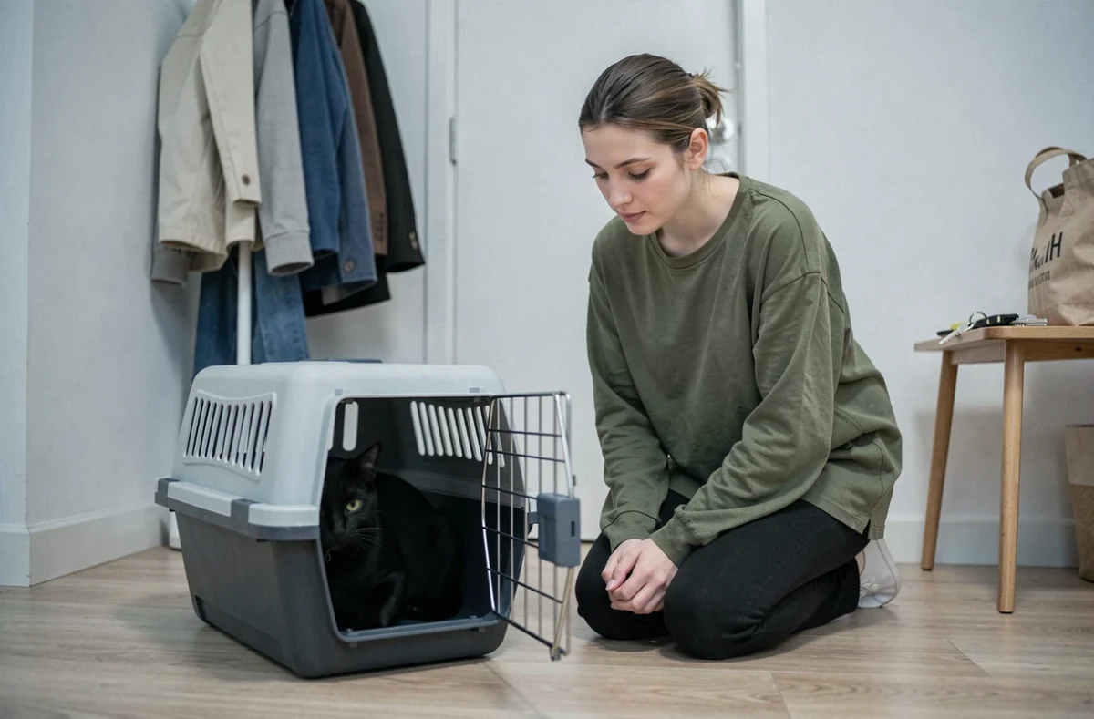 Jeune femme agenouillée devant une cage de transport ouverte avec un chat noir timide à l'intérieur, lors de l'adoption dans un appartement minimaliste