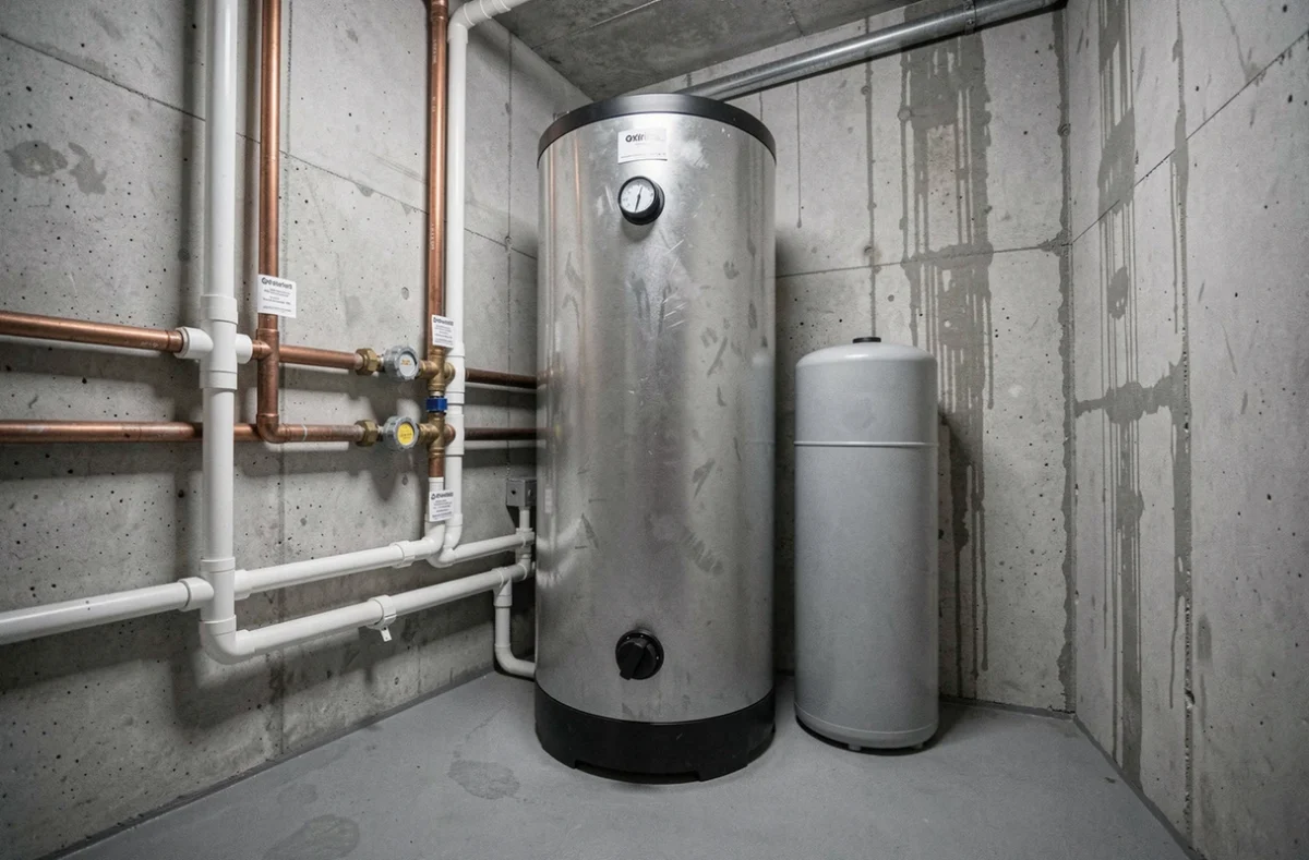 Adoucisseur d'eau installé dans une chaufferie résidentielle avec tuyauterie apparente