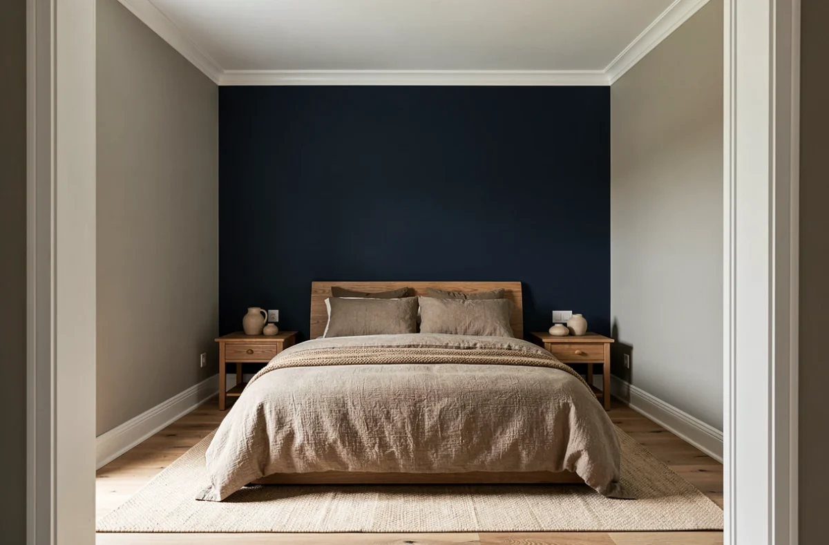 Chambre de style scandinave avec agencement de couleurs tricolore, mur bleu marine en accent, murs gris beige et boiseries blanches