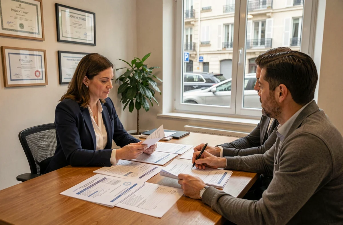 Agent immobilier présentant les diagnostics obligatoires à des acheteurs avant la signature de vente
