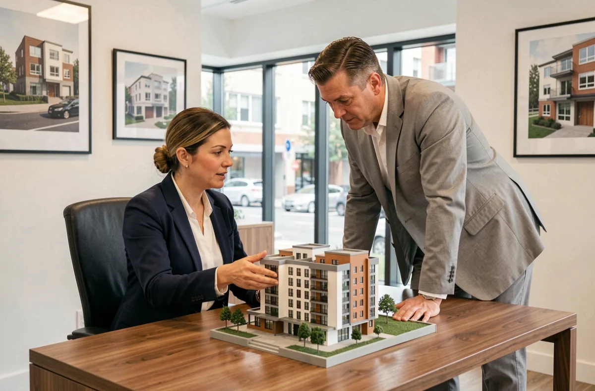 Agent immobilier présentant une maquette de programme neuf à un investisseur en agence