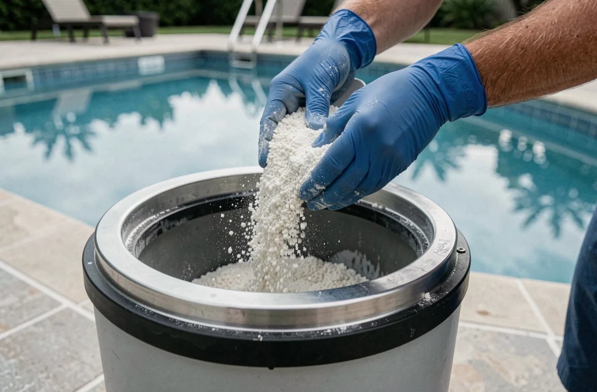 Ajout de terre de diatomées dans un filtre de piscine pour améliorer la finesse de filtration