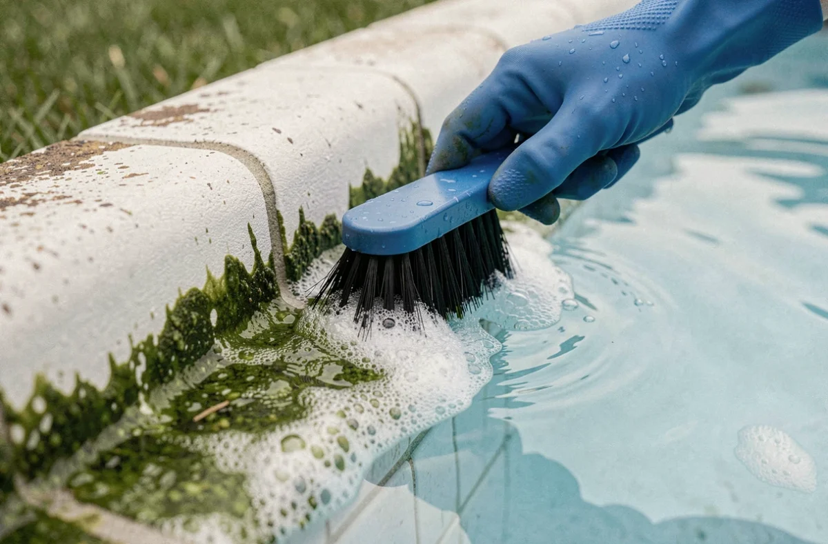 Gros plan sur des algues vertes dans une piscine en cours de nettoyage avec une brosse