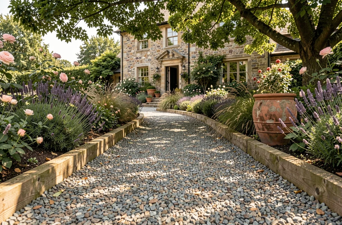Allée de jardin en gravier avec bordures en bois dans un jardin de cottage fleuri