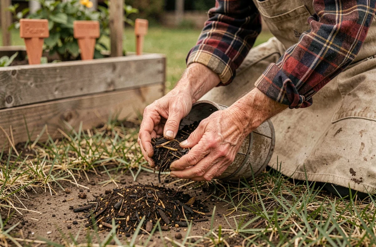 Mains épandant du compost maison sur une zone clairsemée du gazon pour fertiliser la pelouse naturellement sans engrais chimique