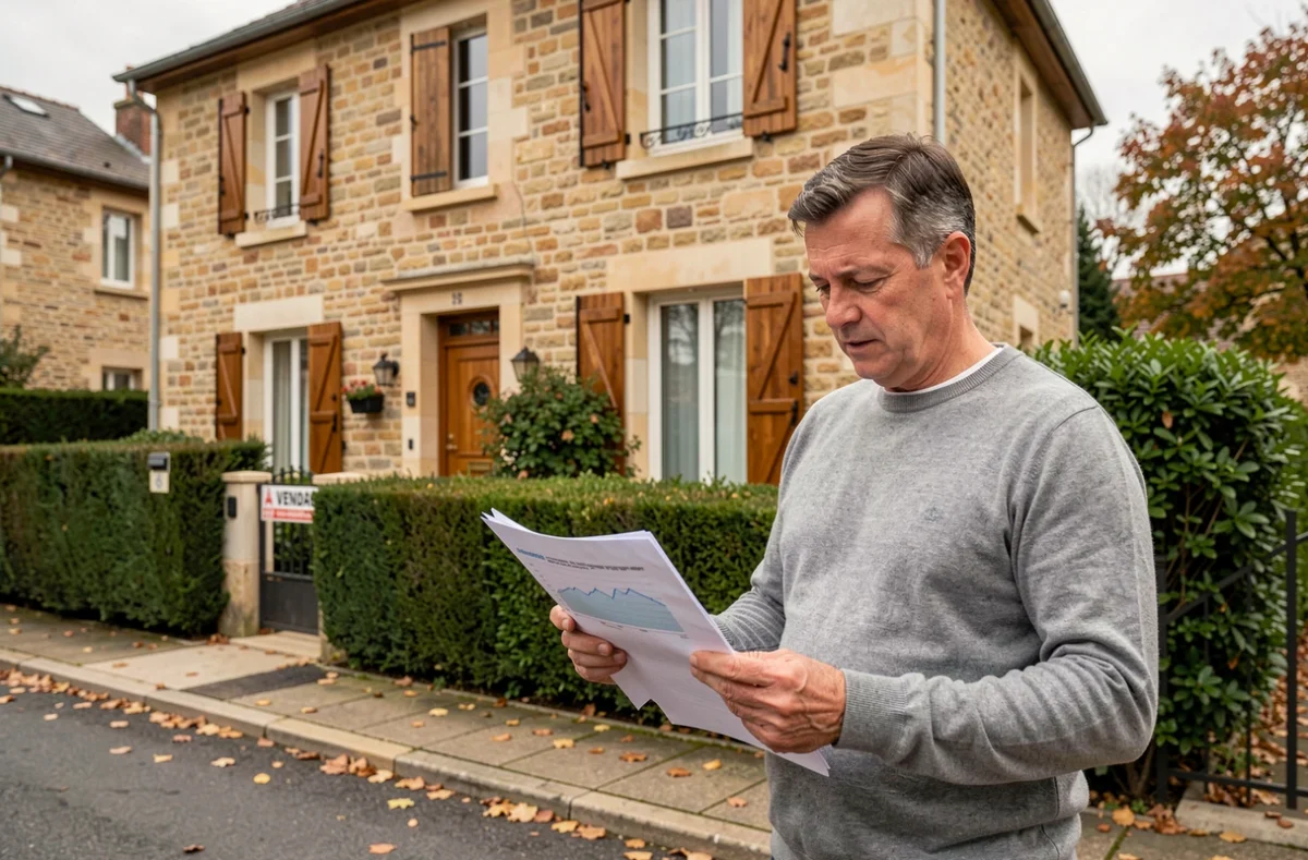 Homme analysant un rapport de prix devant une maison à vendre lors d'une visite immobilière