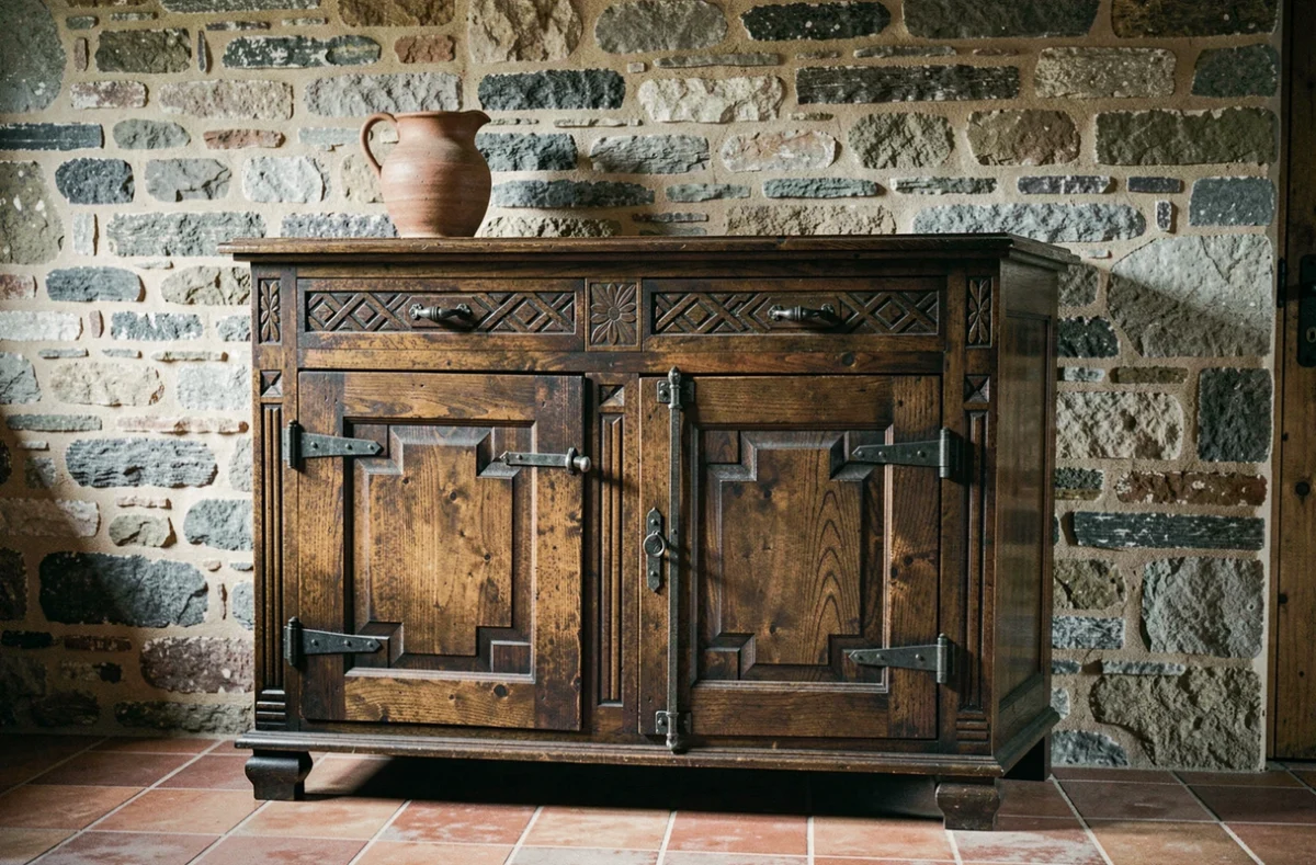 Ancien buffet deux-corps en chêne du XVIIIe siècle dans une ferme en pierre avec sol en tomettes et pichet en céramique