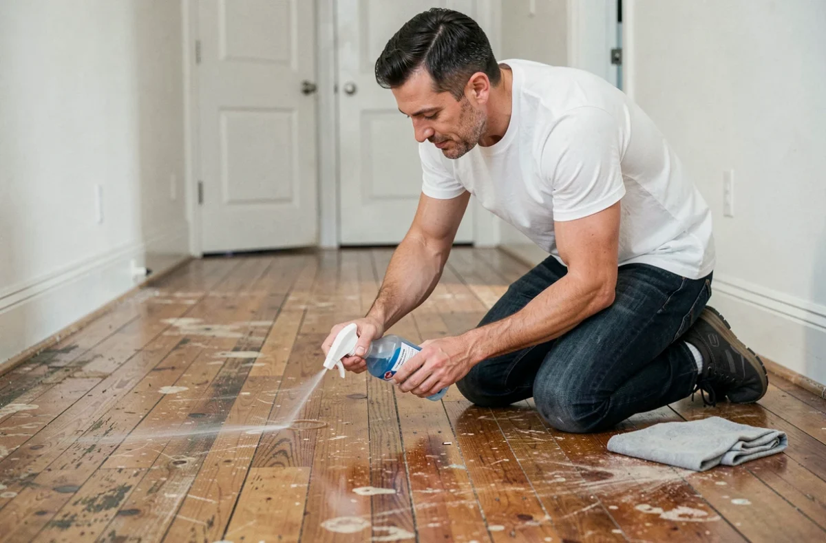 Homme appliquant un produit nettoyant sur un parquet rayé et terne dans un couloir résidentiel