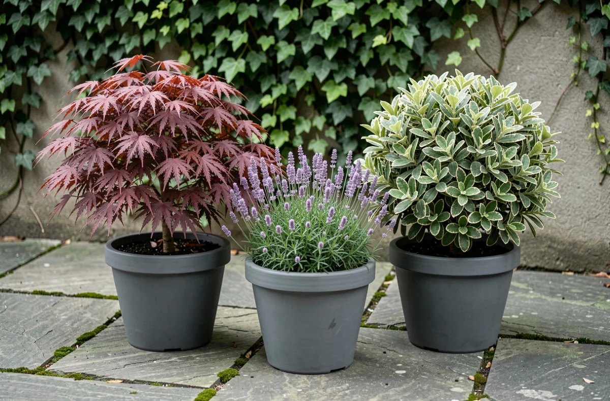 Trois arbustes compacts en pots sur une terrasse en pierre pour petit espace extérieur