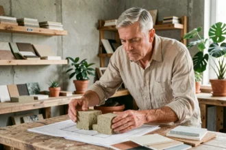 Architecte examinant un bloc de béton de chanvre comme matériau écologique pour la construction d'une maison