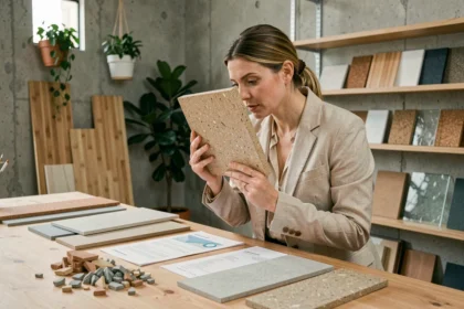 Architecte examinant des matériaux écologiques durables dans un studio de design moderne