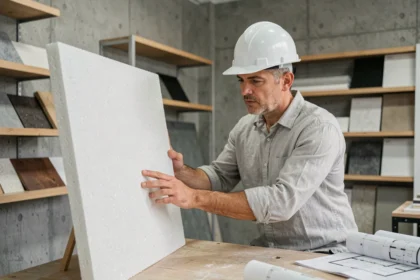 Architecte examinant un panneau d'isolation en aérogel dans un showroom de matériaux de construction innovants