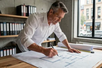 Architecte étudiant les plans d'un permis de construire avec une règle et des blueprints sur une table de travail
