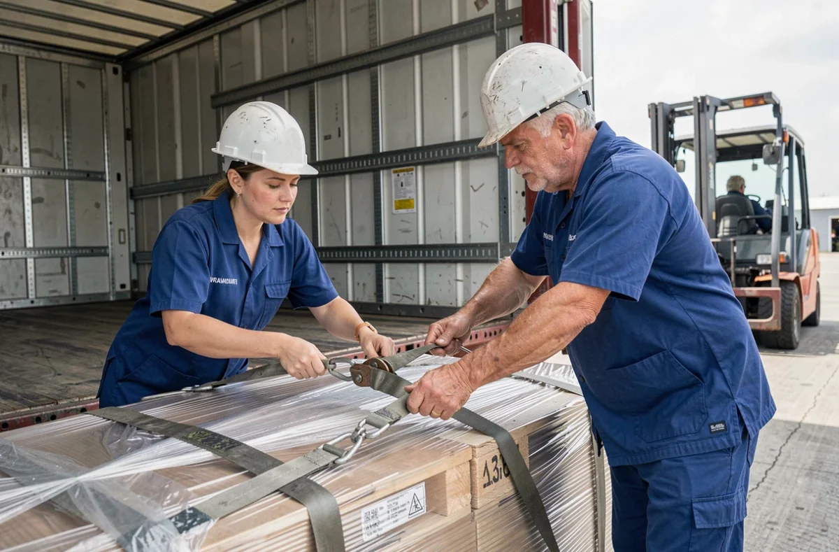 Deux salariés de logistique fixant des palettes avec des sangles d'arrimage dans une semi-remorque lors du chargement
