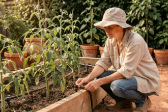 Femme ajustant un système d'irrigation goutte-à-goutte dans un potager pendant une période de forte chaleur estivale