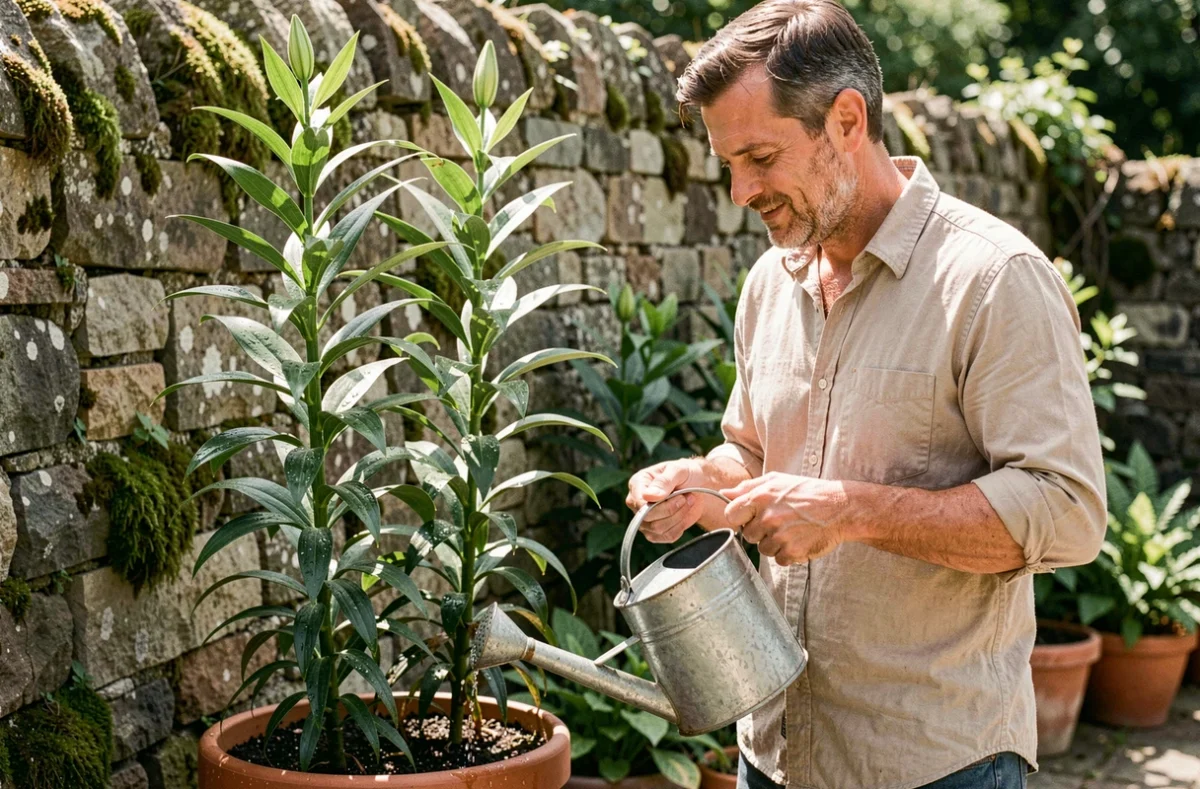 Homme arrosant des tiges de lys en pots dans un jardin ensoleillé avec un arrosoir en métal