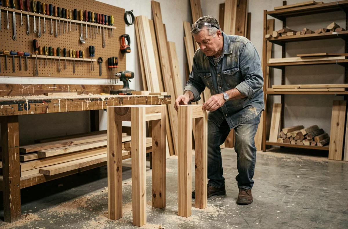 Artisan menuisier comparant deux pieds de table en bois de hauteurs différentes dans un atelier