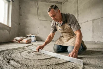 Artisan inspectant un sol béton irrégulier avec une règle de maçon avant la pose de stratifié