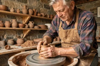 Artisan potier local façonnant un vase en argile sur un tour traditionnel dans un atelier rustique en pierre