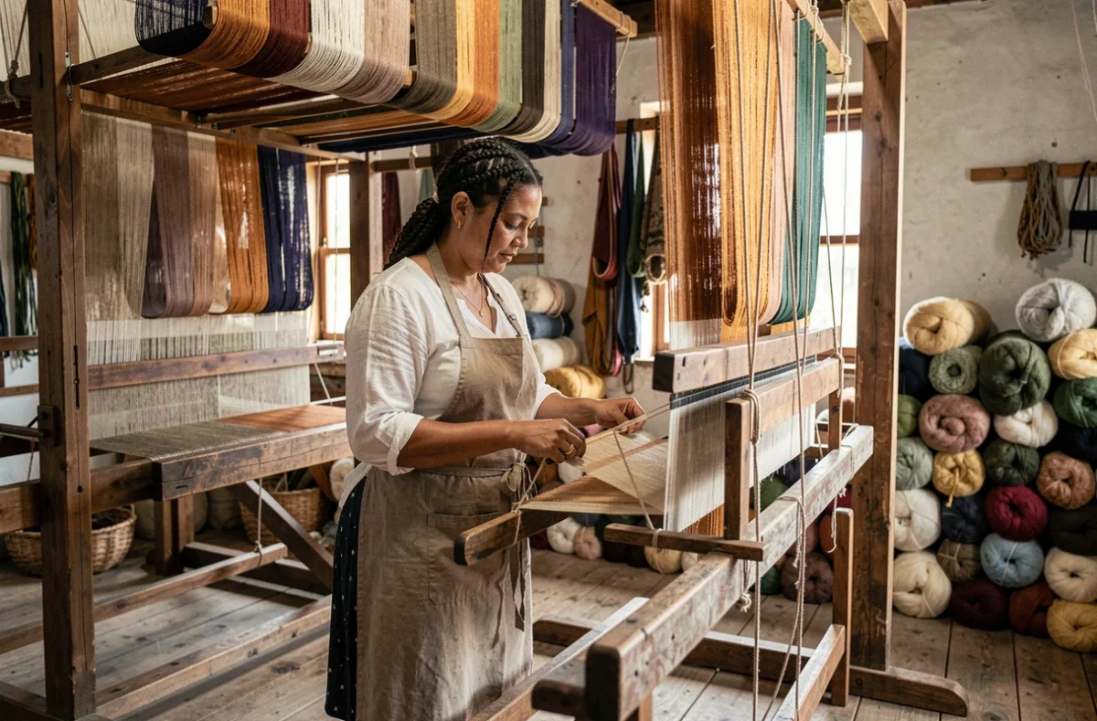 Artisane locale tissant sur un métier à tisser traditionnel en bois dans un atelier de textile aux tons naturels