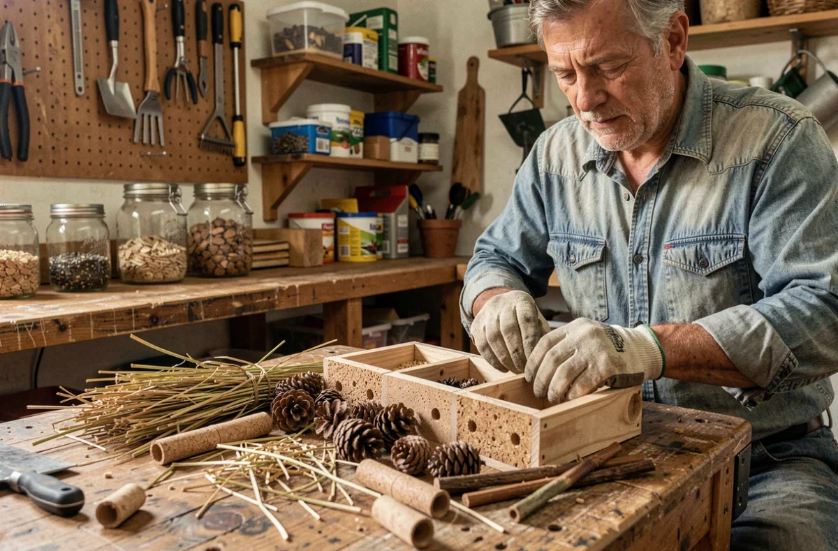 Homme assemblant les compartiments d'un hôtel à insectes avec des matériaux naturels dans un atelier rustique