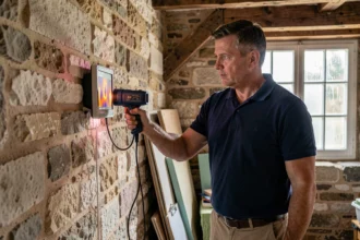 Auditeur énergétique utilisant une caméra thermique pour détecter les déperditions de chaleur dans une maison en pierre ancienne