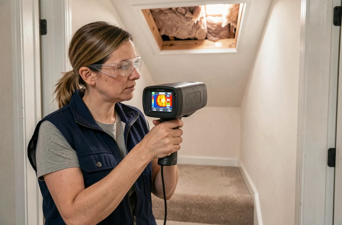 Auditrice énergétique inspectant l'isolation des combles avec une caméra thermique dans une maison individuelle