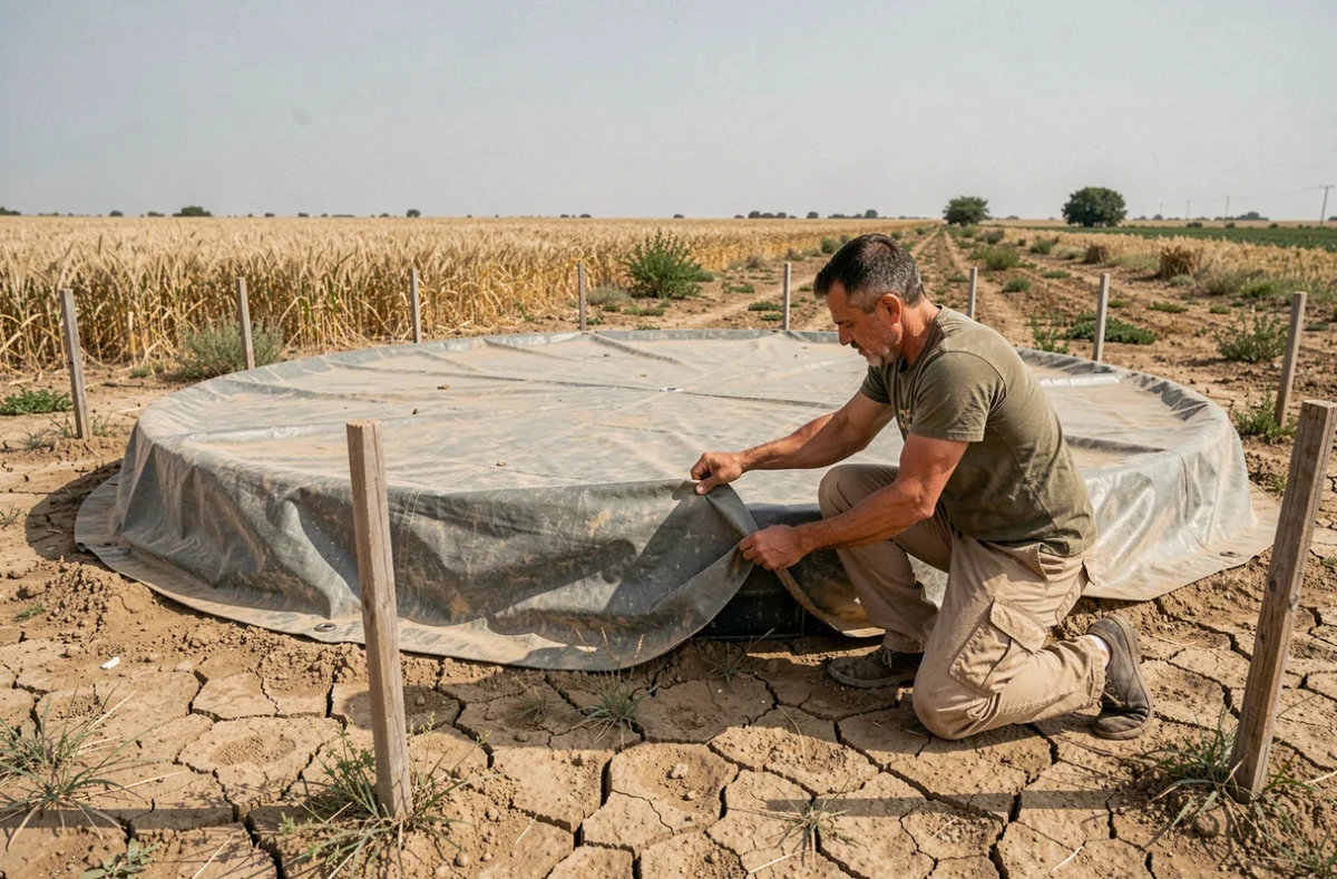 Agriculteur ajustant une bâche de protection sur un bassin de rétention d'eau en milieu agricole aride
