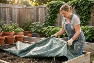 Femme jardinière installant une bâche verte sur un potager surélevé pour optimiser la rétention d'eau dans le sol