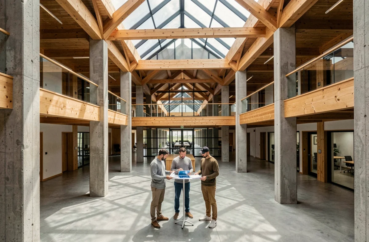 Atrium intérieur d'un immeuble de bureaux nouvelle génération en 2026 avec structure en bois lamellé-croisé et verrière angulaire