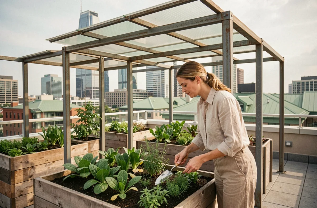 Terrasse agricole urbaine sur le toit d'un immeuble résidentiel moderne en 2026 avec potager et pergolas bioclimatiques
