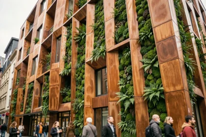 Façade architecturale futuriste en 2026 avec panneaux en terre cuite paramétrique et murs végétalisés verticaux en milieu urbain
