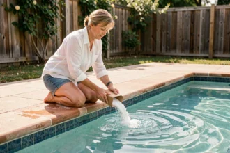 Femme versant du bicarbonate de soude dans une piscine pour traiter les algues