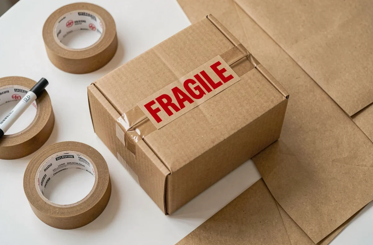 Boîte d'expédition scellée avec étiquette Fragile entourée de matériel d'emballage pour assiettes