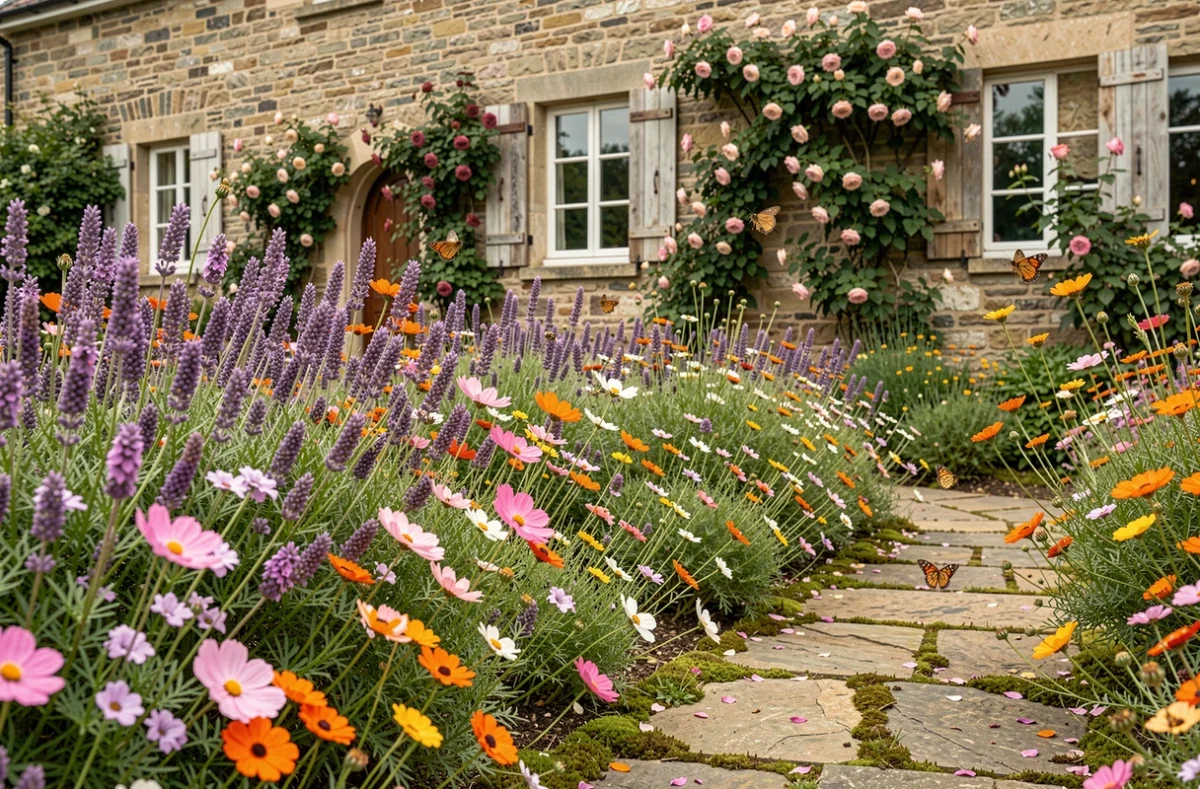 Bordure de fleurs mellifères en pleine floraison le long d'un chemin de jardin avec abeilles et papillons