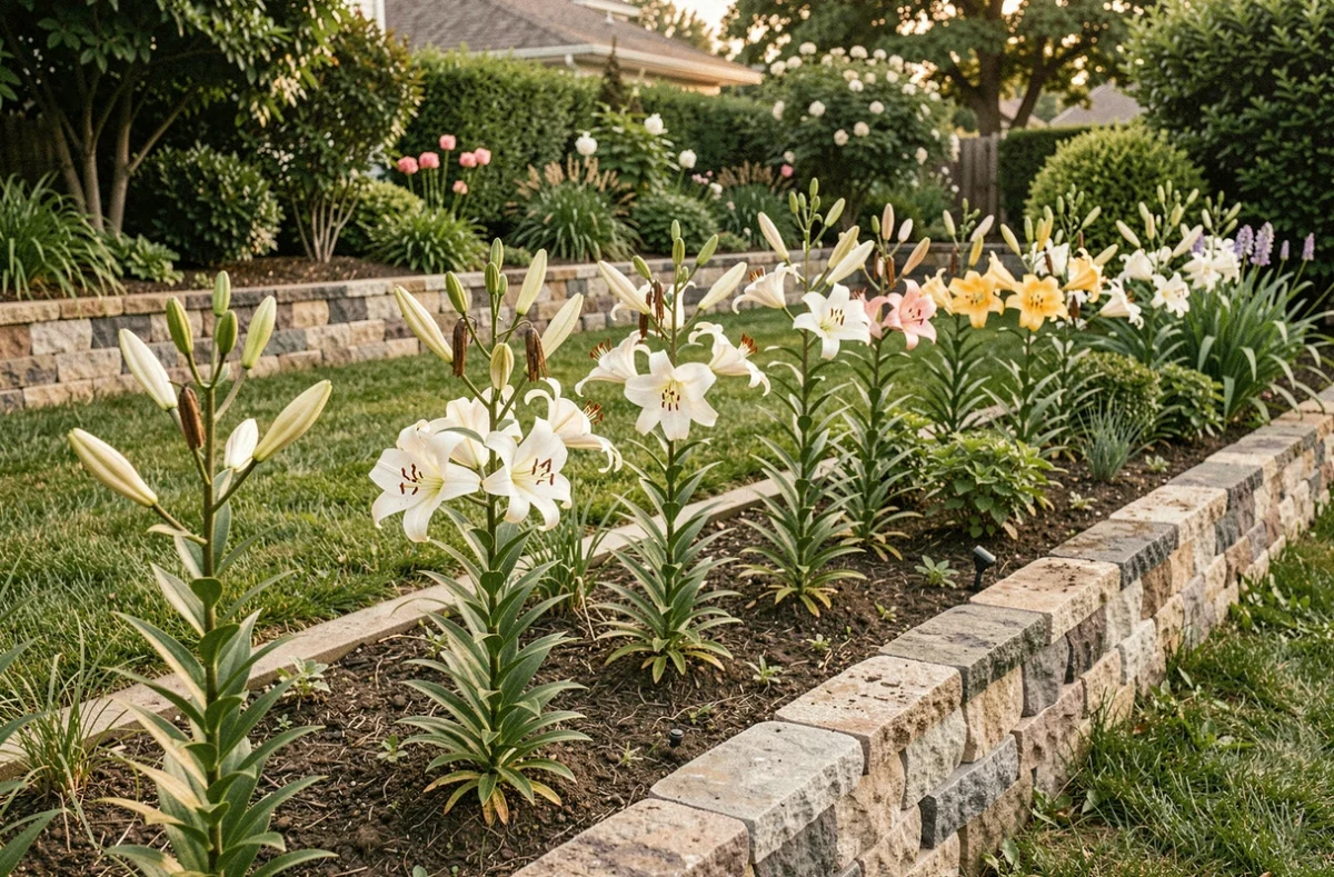 Bordure de jardin avec des lys à différents stades de floraison pour une succession de fleurs tout au long de l'été