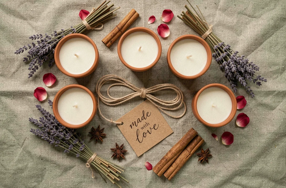 Vue aérienne de bougies botaniques artisanales en terracotta entourées de lavande séchée, bâtons de cannelle et pétales de rose sur nappe en lin brut