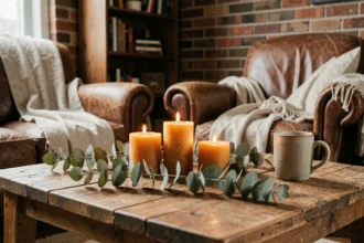 Bougies naturelles en cire d'abeille disposées sur une table en bois brut dans un salon chaleureux avec fauteuil en cuir et briques apparentes