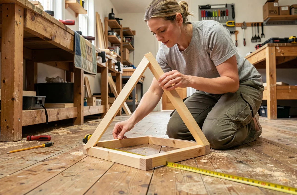Femme bricoleur vérifiant un angle droit avec des lattes de bois formant un triangle 3-4-5 dans un atelier
