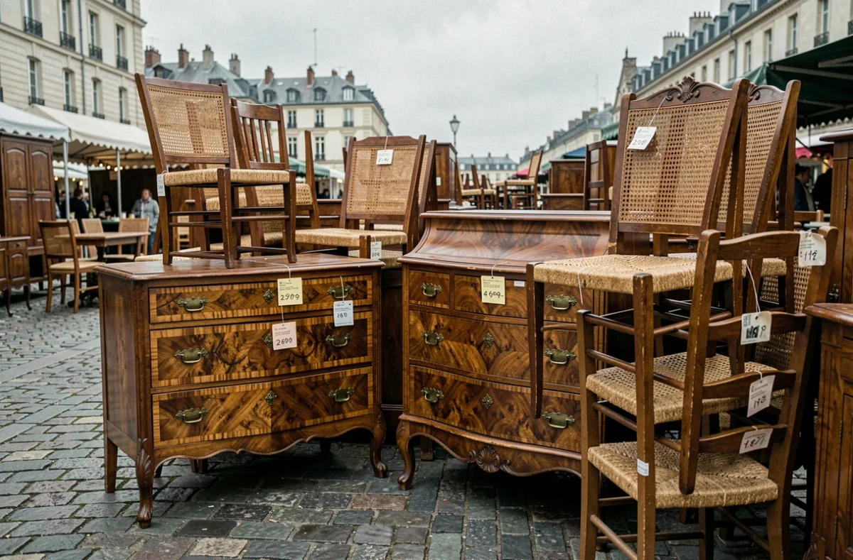 Stand de brocante à Lyon avec collection de meubles anciens français dont une bonnetière normande et une commode marquetée sur les pavés