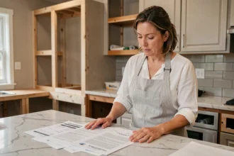Femme consultant des devis de rénovation cuisine posés sur un comptoir en marbre dans une cuisine en cours de travaux