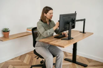 Femme en télétravail réglant un bras de moniteur sur un bureau assis-debout modulaire dans un bureau à domicile moderne