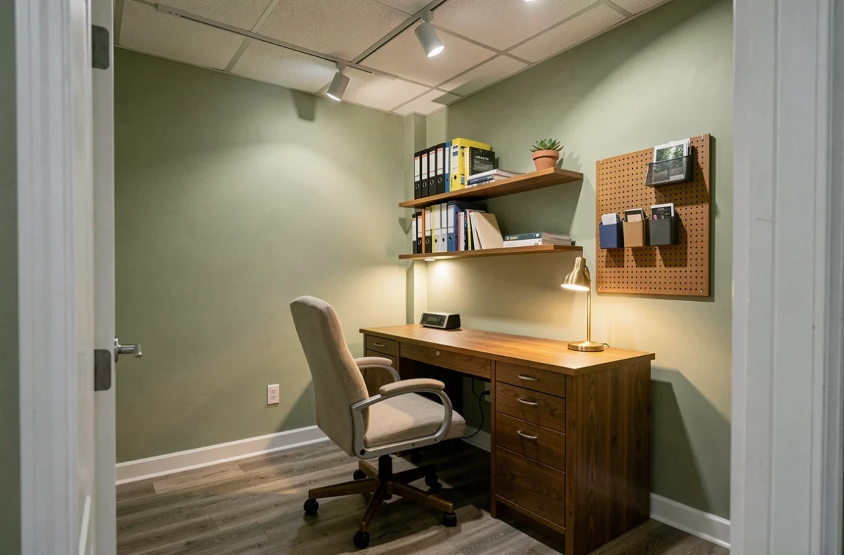 Bureau en sous-sol avec éclairage sur rail et lampe de bureau, murs verts sauge et sol en vinyle