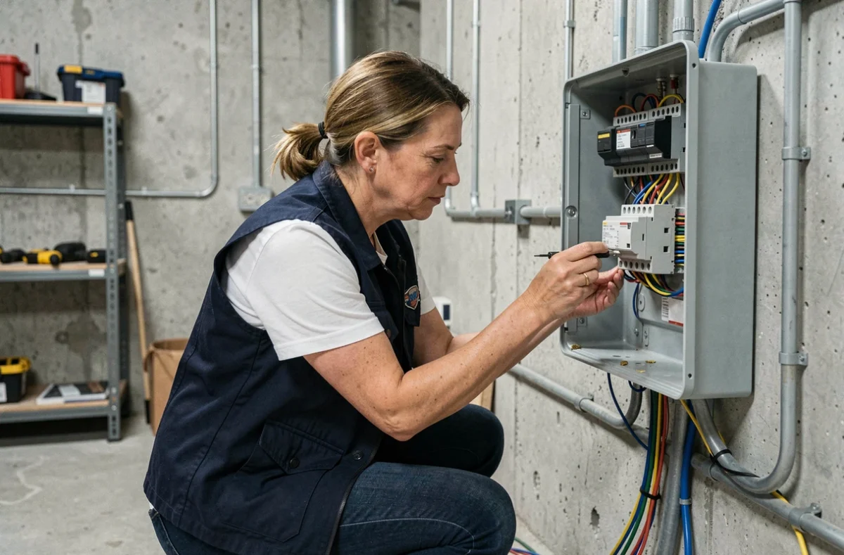 Femme connectant le câblage d'un driver LED dans un tableau électrique de buanderie