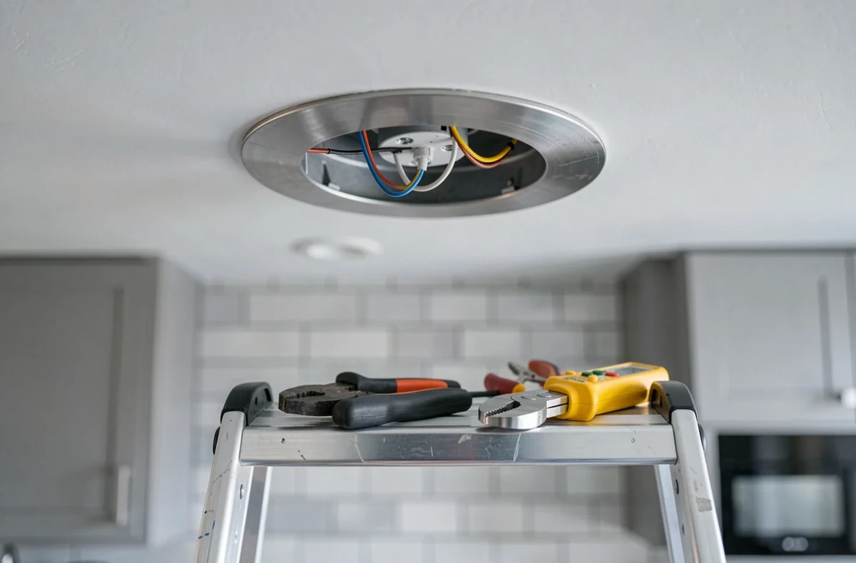 Gros plan sur le câblage d'un spot encastré en cours d'installation dans un plafond de cuisine moderne