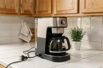 Cafetière débranchée sur un plan de travail de cuisine moderne avec le cordon électrique visible à côté de la prise murale